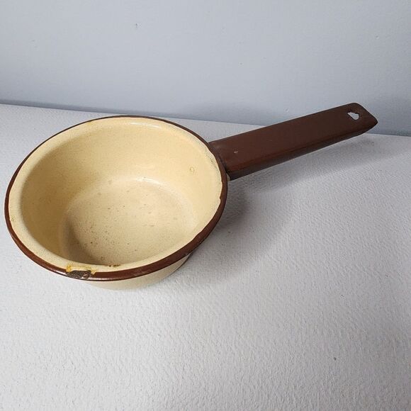 Vintage Little Saucepan Enamelware Tan with Brown Trim & Handle 5" Diameter - Picture 3 of 7